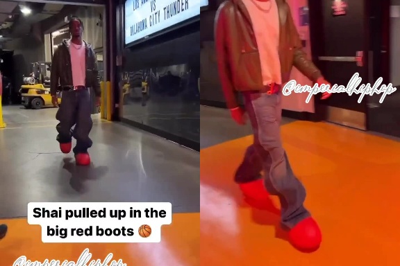 Shai Gilgeous-Alexander pulls up wearing a WILD outfit and Astro Boy Big Red  Boots to play vs Laker 