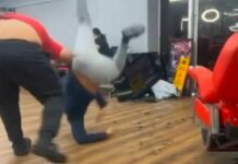 Savage Slam! Big Bro Lays Out Blue Hoodie in Barbershop Brawl